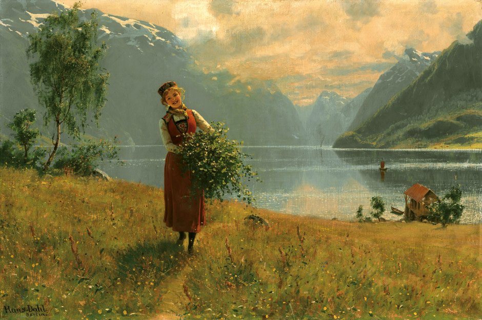 Moça com ramos do vidoeiro na frente de um fiorde norueguês. de Hans Dahl