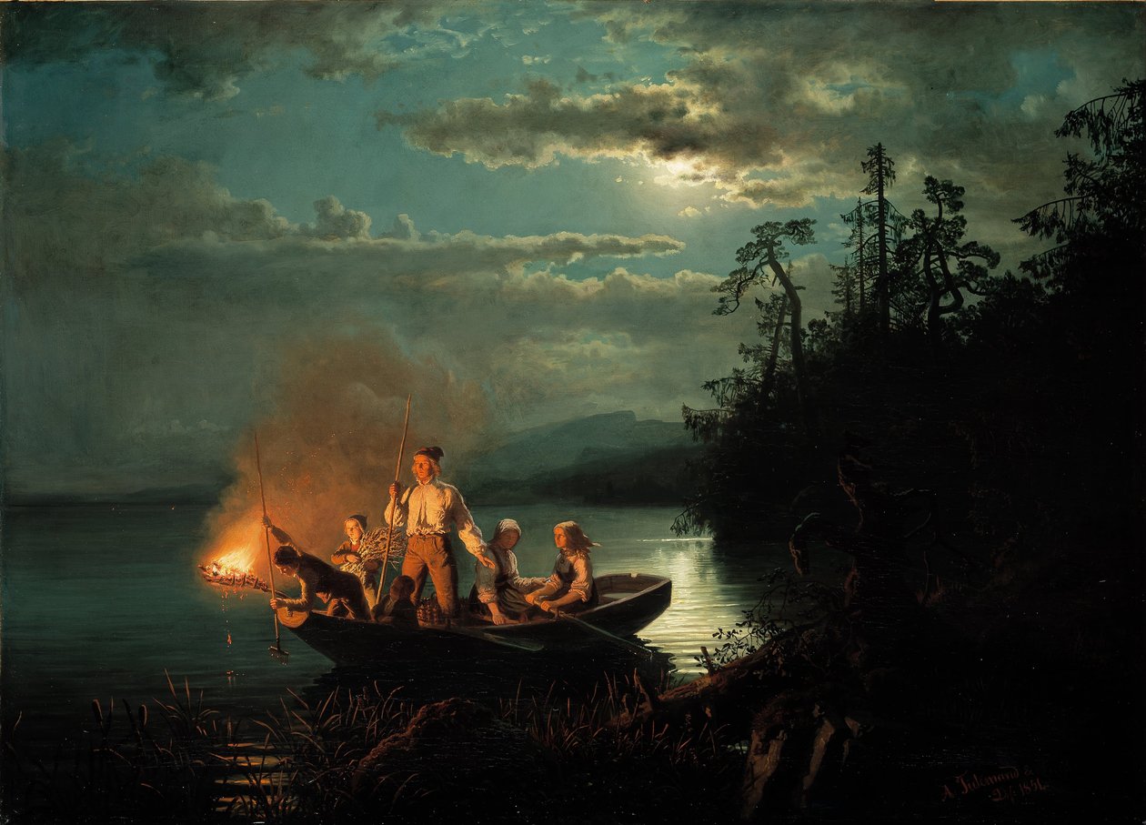 Pesca submarina noturna no lago Krøderen de Hans Gude