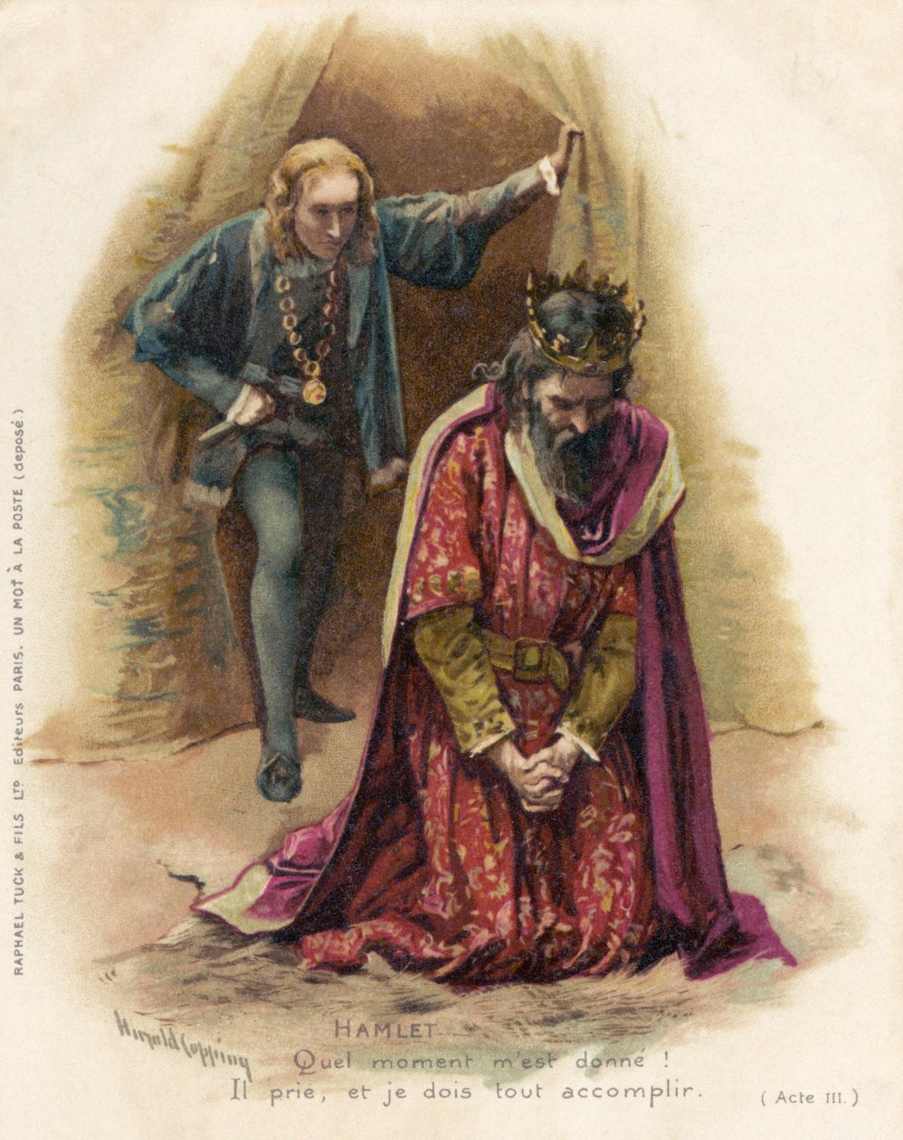 Hamlet confronta o culpado Cláudio de Harold Copping