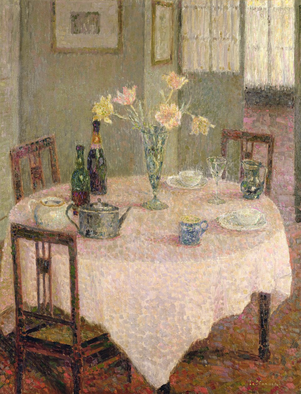 Interior com uma toalha de mesa-de-rosa de Henri Eugene Augustin Le Sidaner