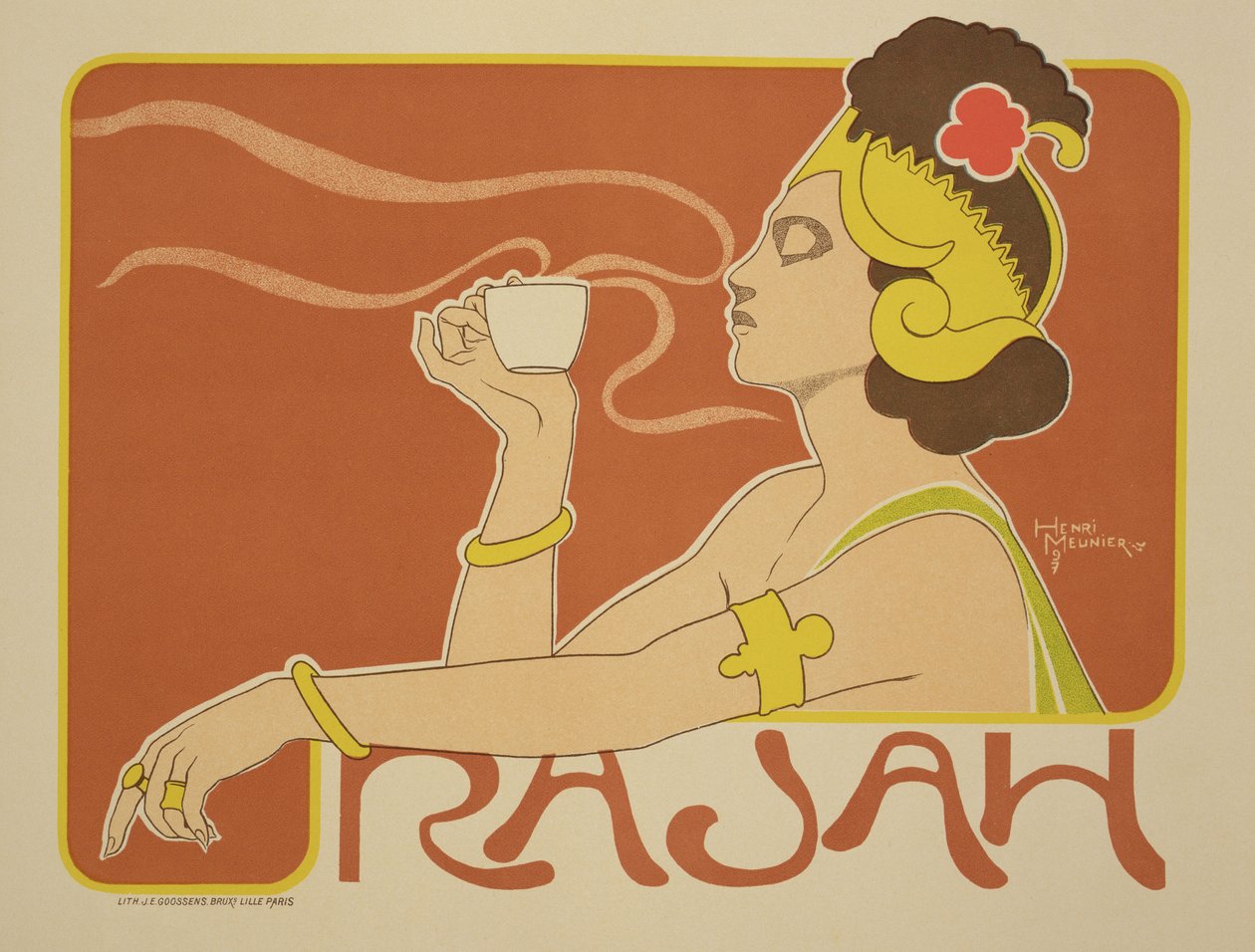 Reprodução de um cartaz anunciando o &39;Cafe Rajah&39;, de 1897 de Georges Meunier