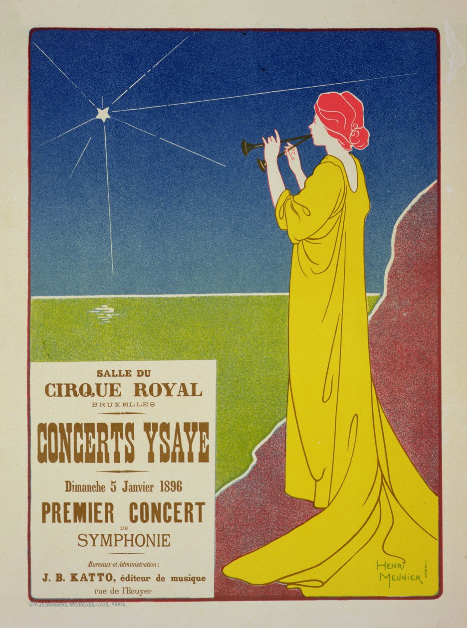 Reprodução de um cartaz publicitário dos &39;Concertos de Ysaye&39;, Salle du Cirque Royal, Bruxelas, 1895 de Georges Meunier