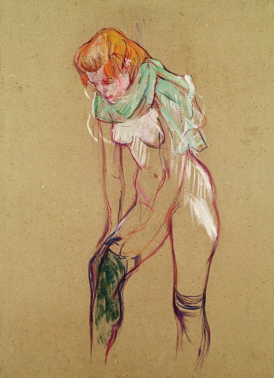 Mulher levantando sua meia, 1894 (óleo no cartão) de Henri de Toulouse Lautrec