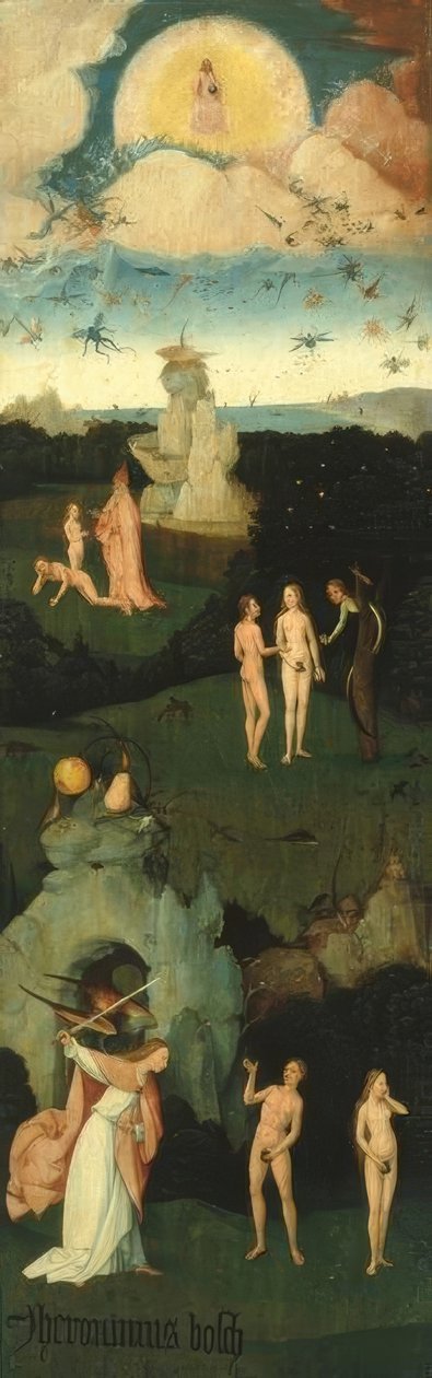 Queda de anjo, criação de Eva, queda do homem, expulsão do paraíso de Hieronymus Bosch
