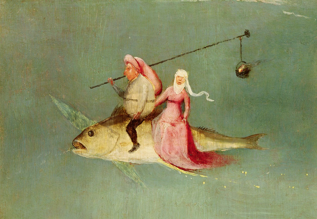 The Temptation of St. Anthony, painel do lado direito, detalhe de um casal a pescar (ver 35965) de Hieronymus Bosch