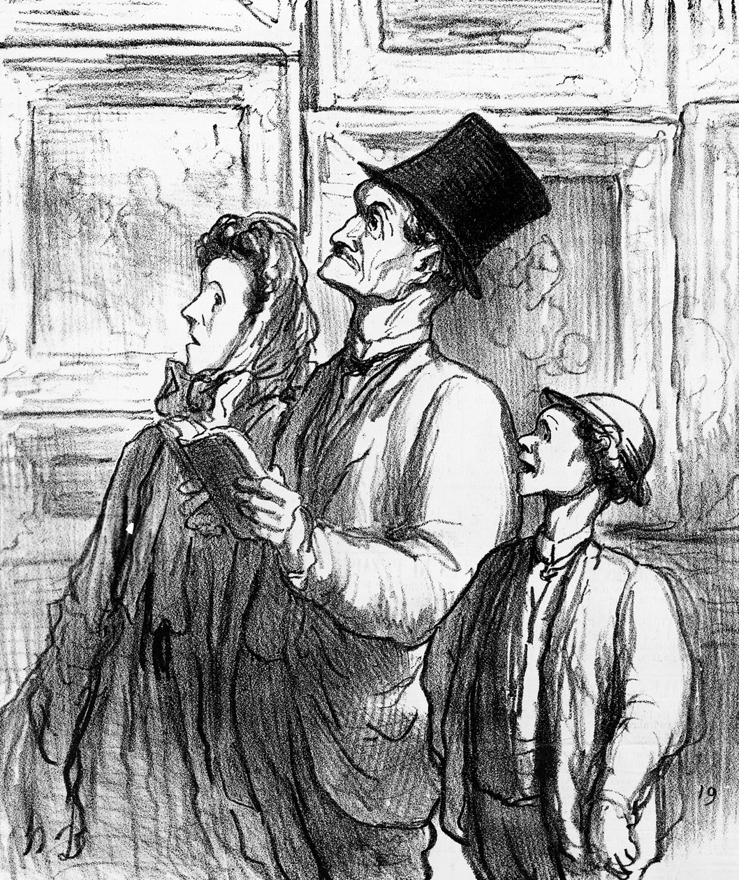 Família visitando o salão de Paris de 1863 e comentando a pintura &39;Olympia&39; de Manet, desenho animado da revista &39;Charivari&39;, 19 de junho de 1865 de Honoré Daumier