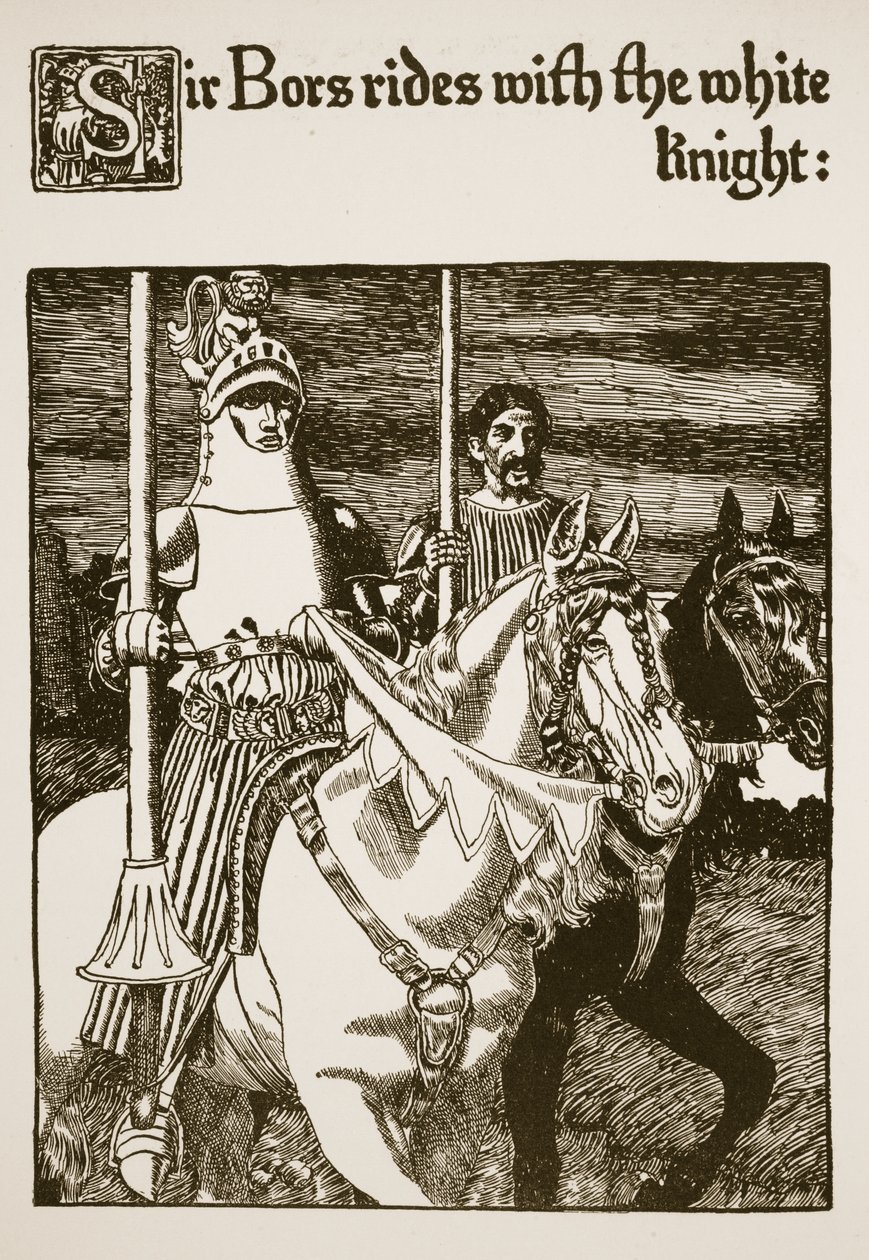 Sir Bors cavalga com o Cavaleiro Branco, ilustração de "A História do Graal e a Passagem de Arthur", c.1910 de Howard Pyle