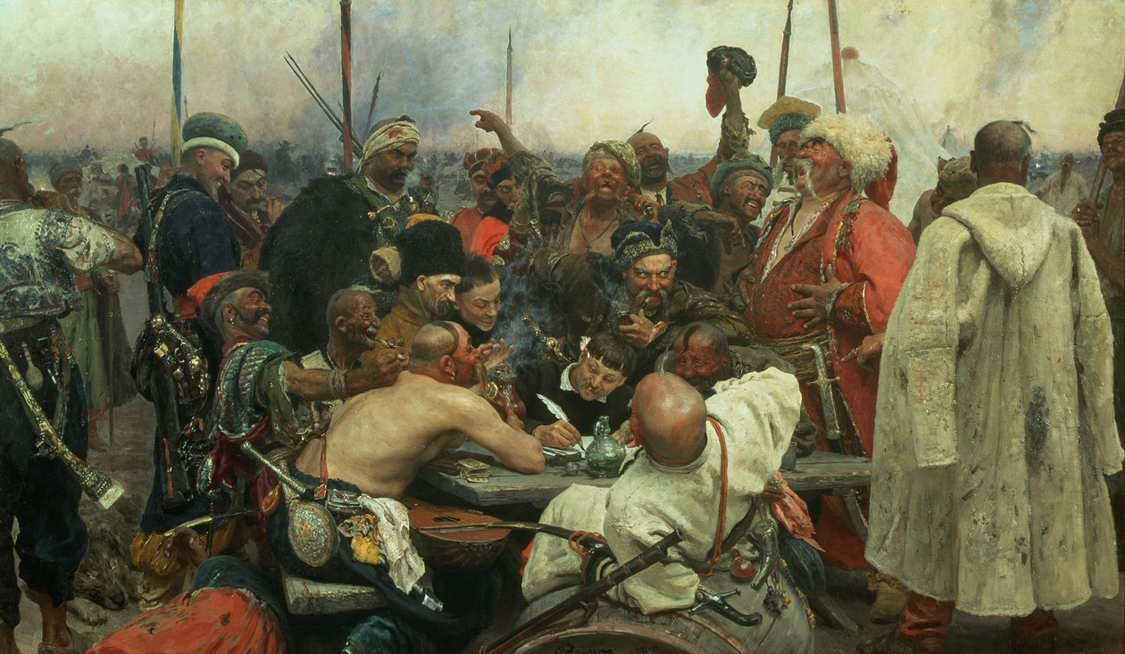 Os cossacos Zaporozhye escrevendo uma carta ao sultão turco, 1890-91 de Ilya Efimovich Repin