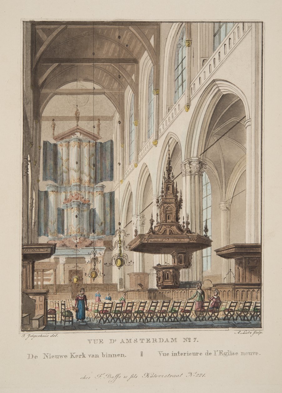 Vue d&39;Amsterdam No.7. A nova igreja dentro. Vue interieur de l&39;Eglise Neuve, 1825 (gravura colorida à mão) de Ira Diamond Gerald Cassidy