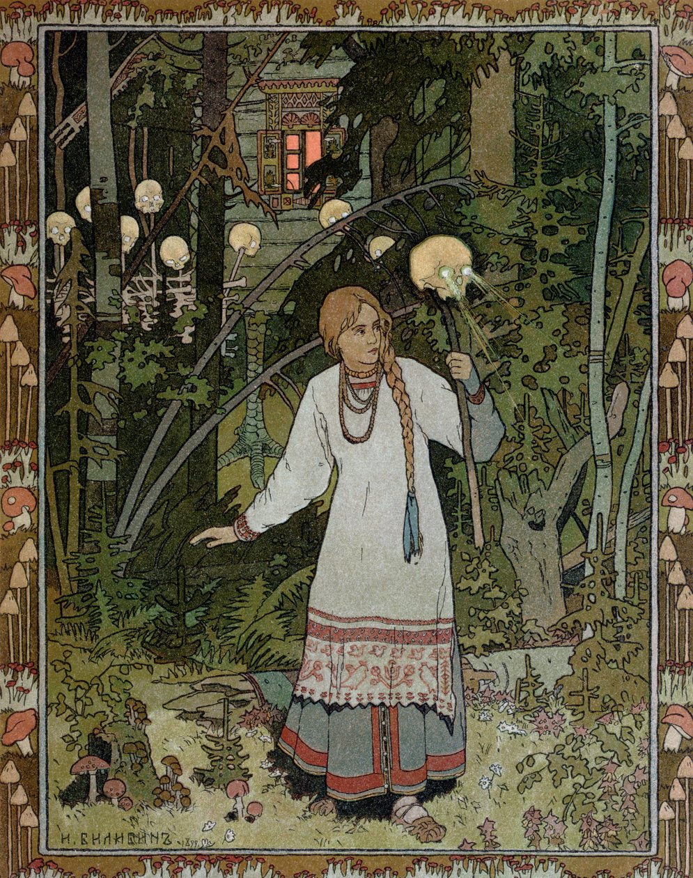 Vassilissa na floresta, ilustração do conto folclórico russo, &39;The Very Beautiful Vassilissa&39;, 1899 de Ivan Yakovlevich Bilibin