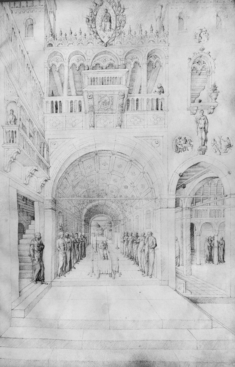 Morte da Virgem na rica arquitectura de um palácio veneziano, do Álbum de desenhos de Jacopo Bellini (caneta e tinta sobre velino) de Jacopo Bellini