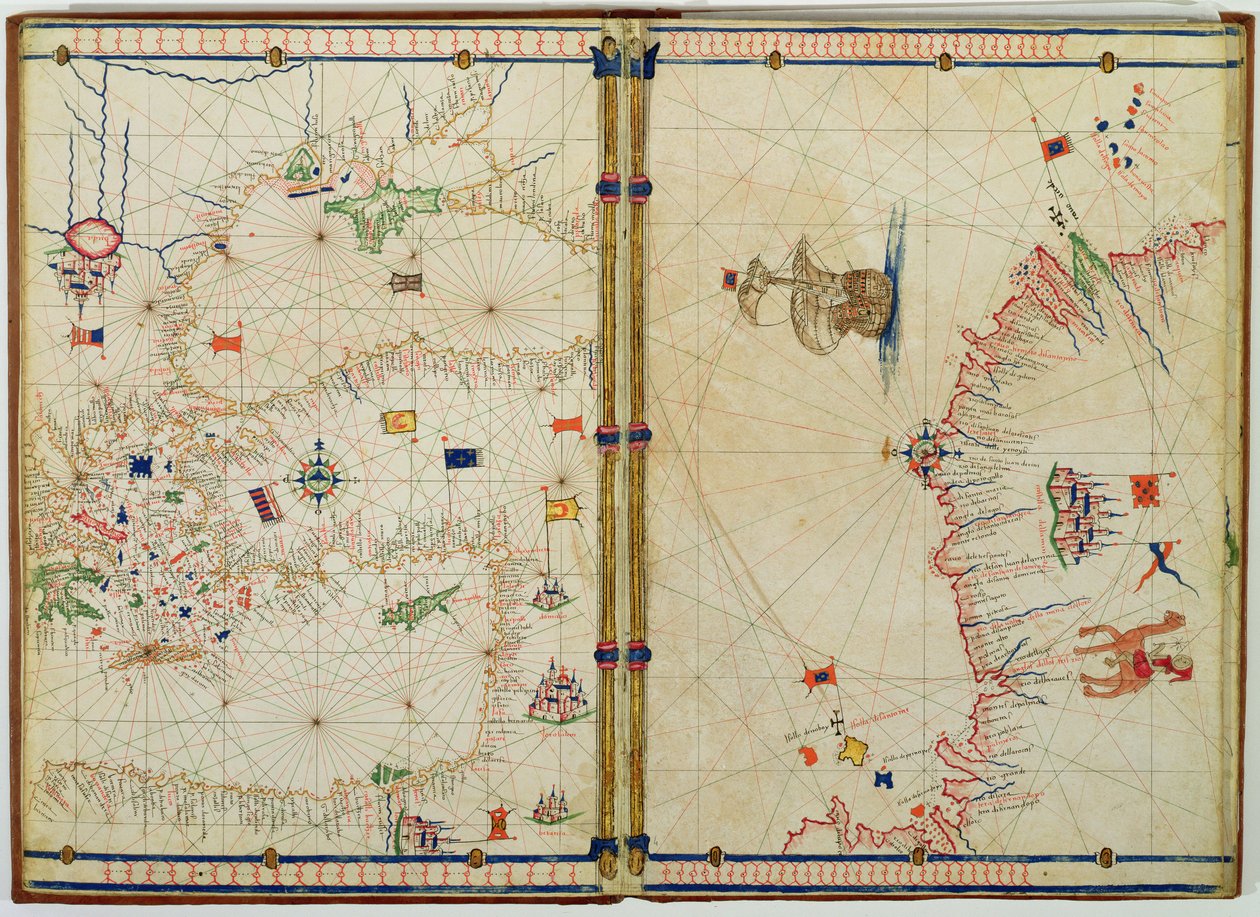 Ms Ital 550.0.3.15 fol.4v-5r Mapa da costa e das ilhas do Mediterrâneo Oriental, da Carte Geografiche (velino) de Jacopo Russo