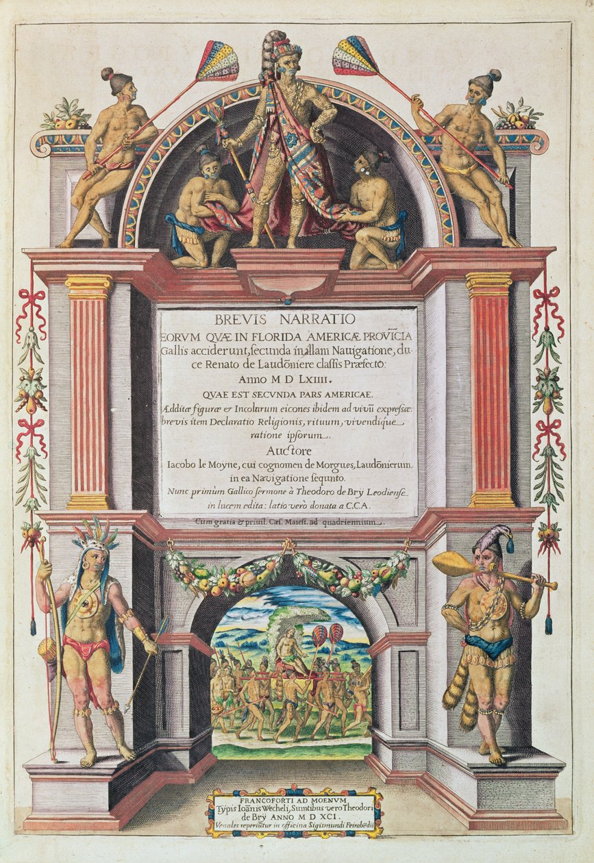 Frontispício de &39;Brevis Narratio ..&39;, gravado por Theodore de Bry (1528-98) publicado em Frankfurt, 1591 de Jacques Le Moyne