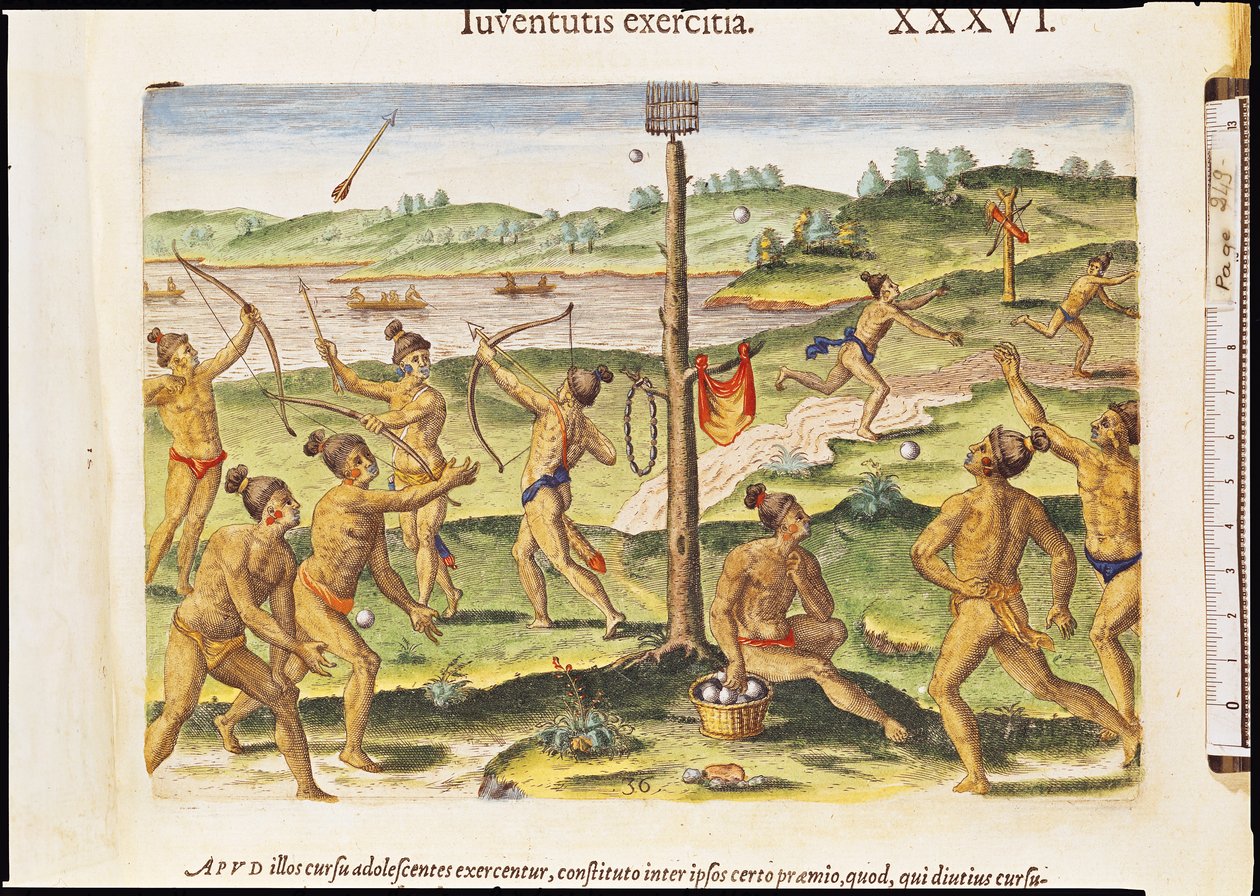 Formação de índios para a guerra, de &39;Brevis Narratio ...&39;, gravado por Theodore de Bry (1528-98) 1591 de Jacques Le Moyne