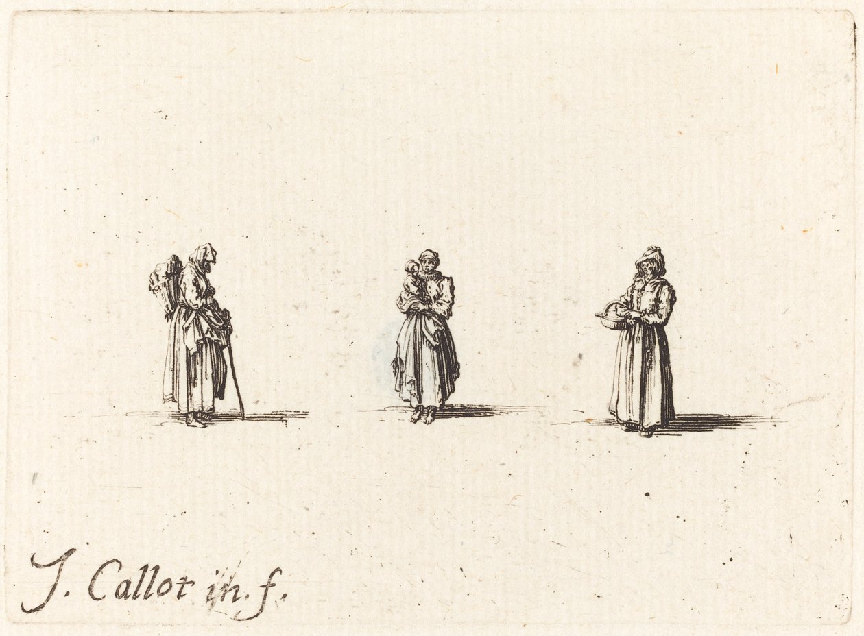 Três mulheres, uma segurando uma criança de Jacques Callot