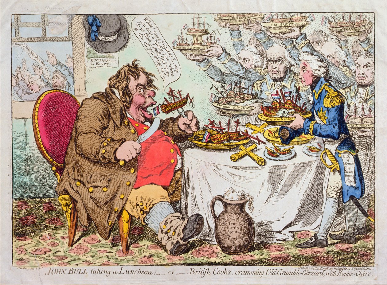 John Bull Tomando um almoço, ou cozinheiros britânicos, enfiando Old Grumble-Gizzard com Bonne-Chere, publicado por Hannah Humphrey em 1798 (gravura à mão colorida) de James Gillray