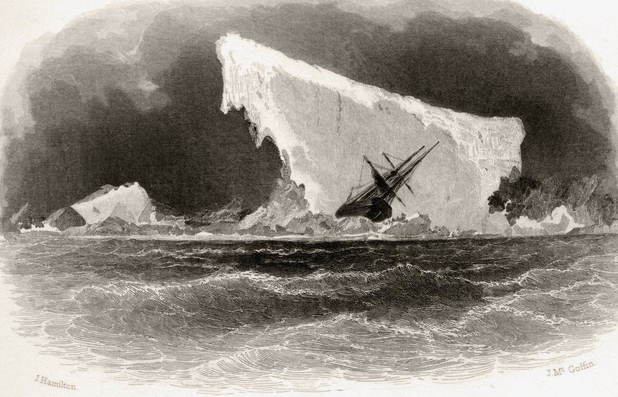 Ship Wrecked on Iceberg, gravado por J. McGoffin, ilustração do título de "Explorações Árticas nos Anos de 1853, 54, 55 &39;, Volume I, do Doutor Elisha Kent Kane (1820-57), publicado em Filadélfia, 1856 ( de James Hamilton