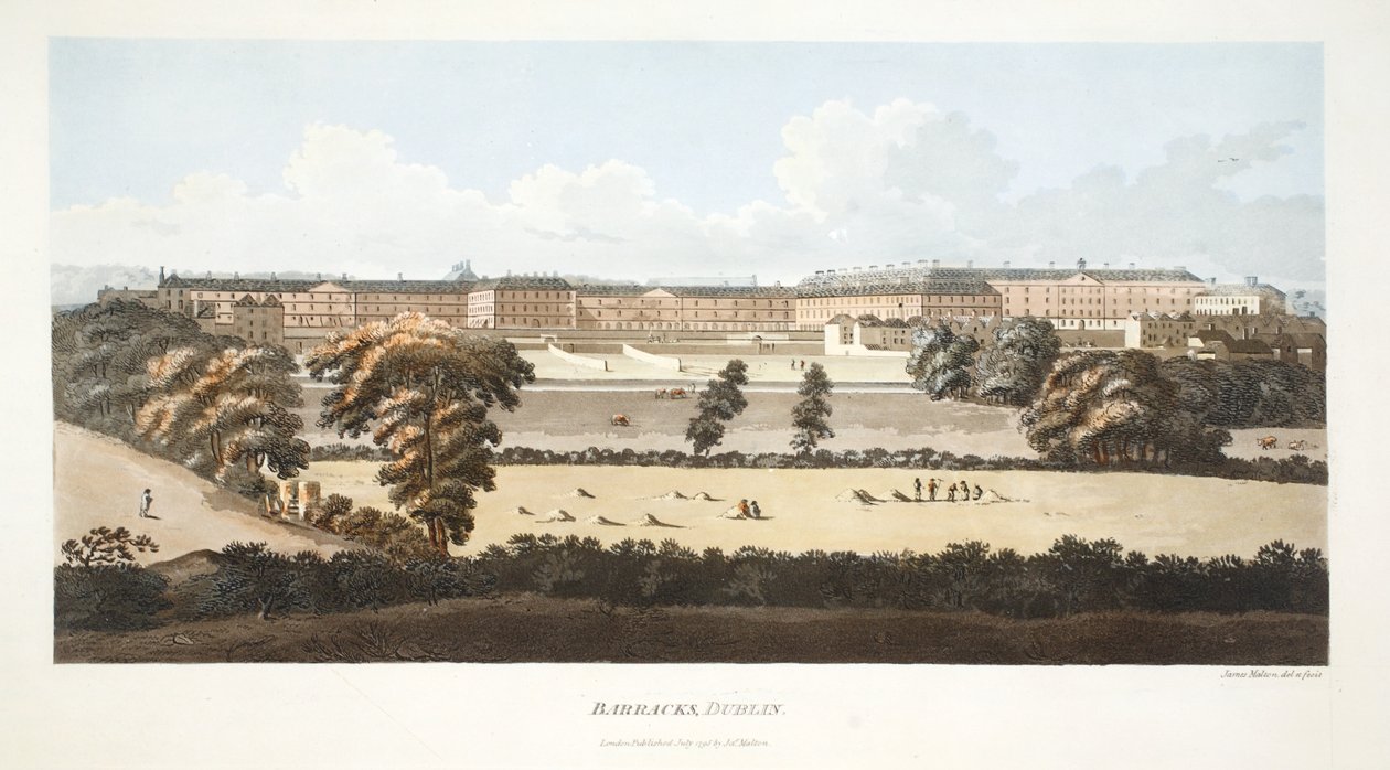 Quartel, Dublin (gravura colorida à mão) de James Malton