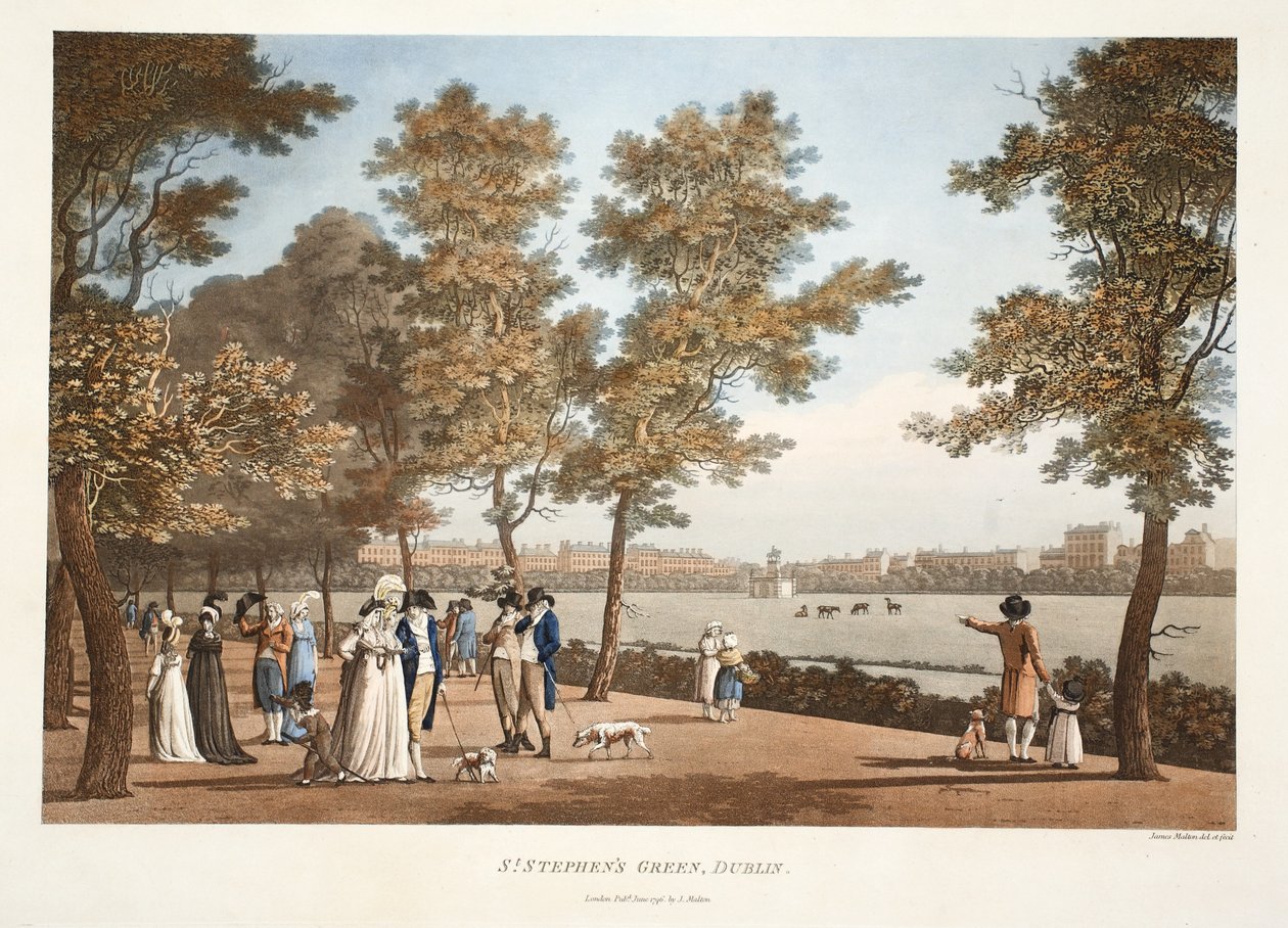St. Stephen&39;s Green, Dublin, 1796 (gravura colorida à mão) de James Malton