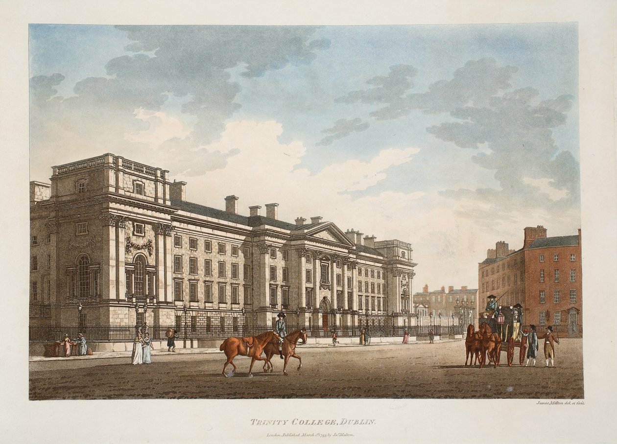 Trinity College, Dublin, 1793 (gravura colorida à mão) de James Malton