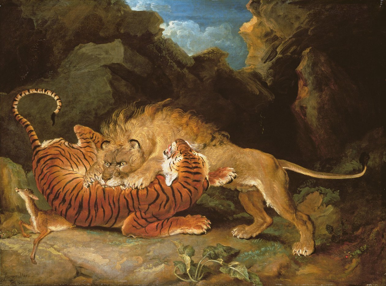 Lute entre um leão e um tigre, 1797 de James Ward