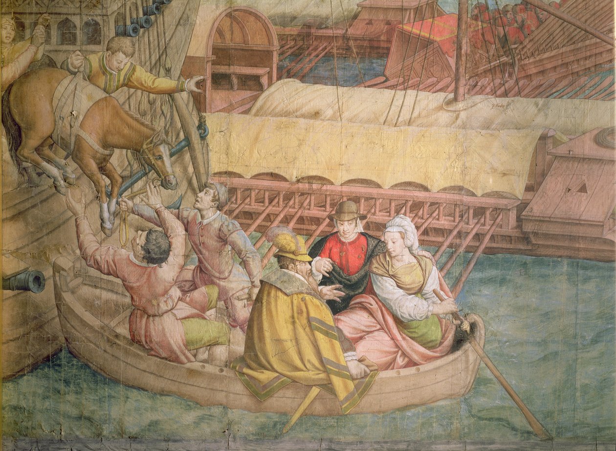 Campanha do imperador Carlos V contra os turcos em Túnis em 1535: a Batalha de Goleta, detalhe de um cavalo sendo rebaixado em um barco, caricatura de tapeçaria (carvão e wc no papel) de Jan Cornelisz Vermeyen