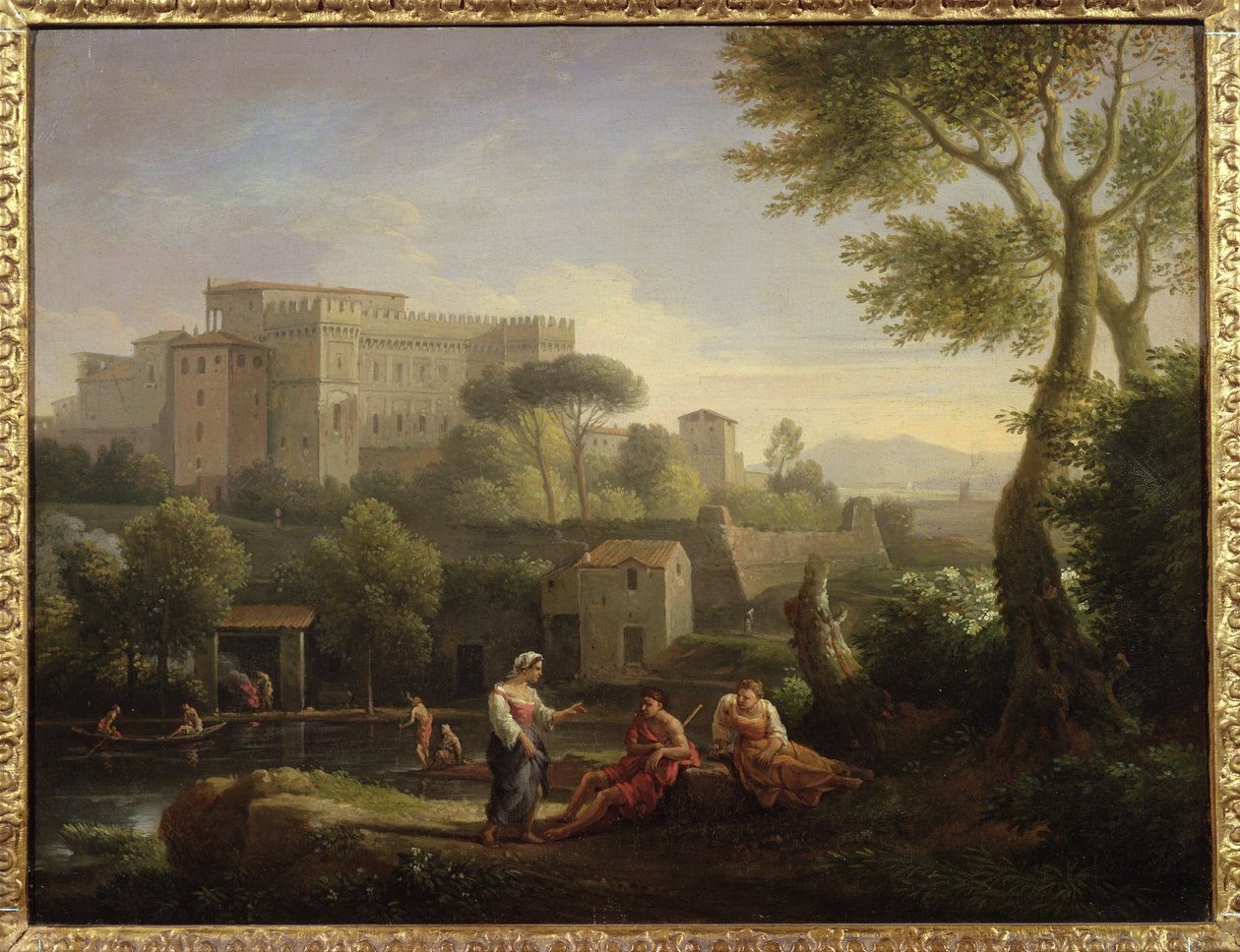 Paisagem com figuras e uma fortaleza junto a um rio (par de 81826) de Jan Frans van Bloemen