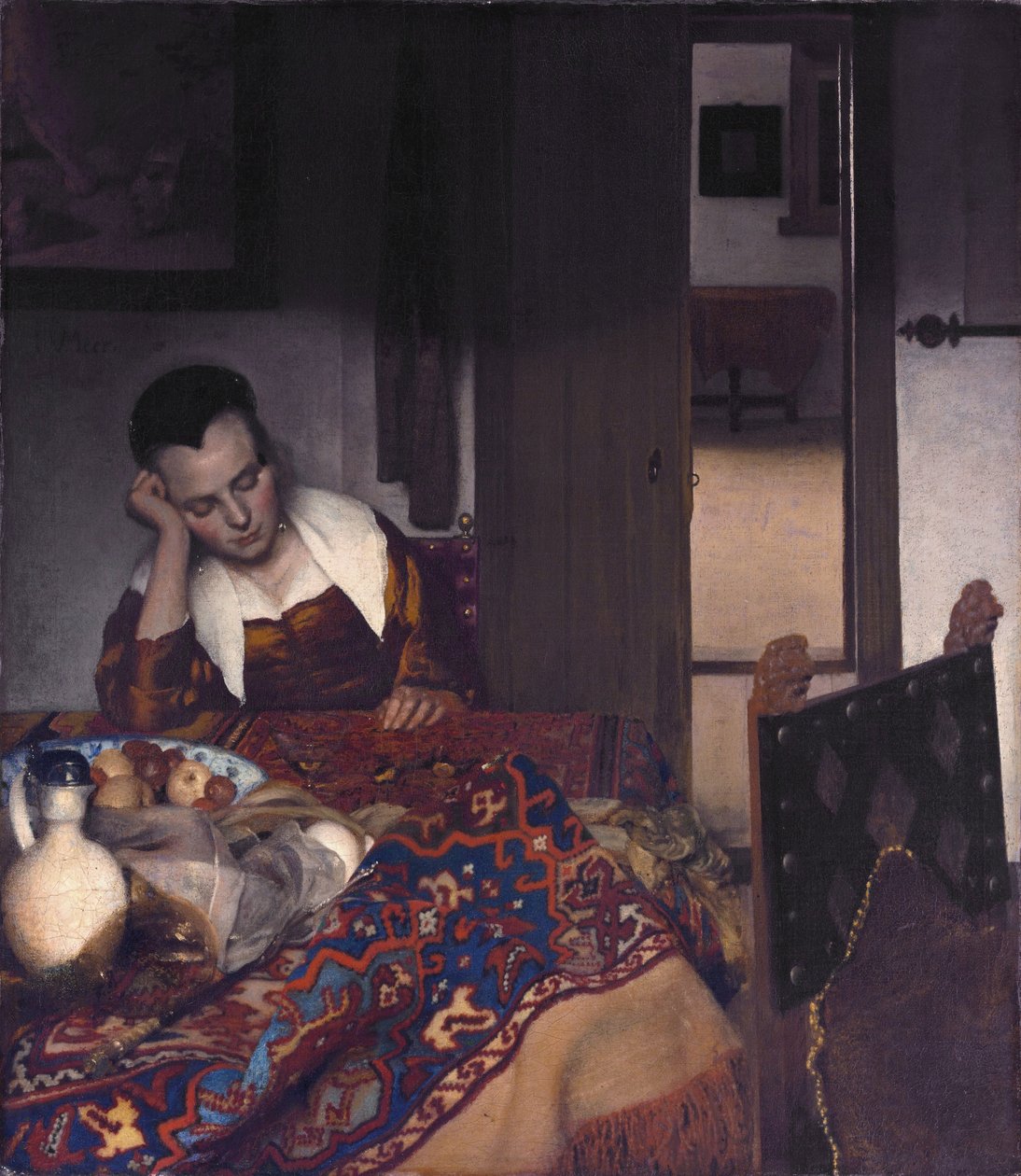 Um, empregada, adormecido de Jan Vermeer van Delft