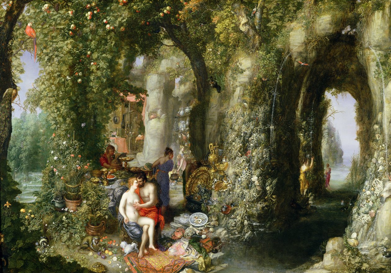 Uma caverna fantástica com Odysseus e Calypso de Jan the Elder Brueghel