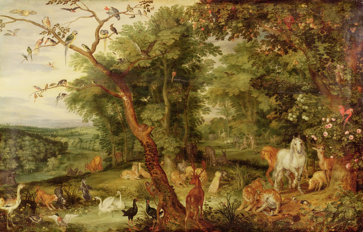 O Jardim do Eden; no fundo The Temptation (óleo sobre painel de carvalho) de Jan the Elder Brueghel
