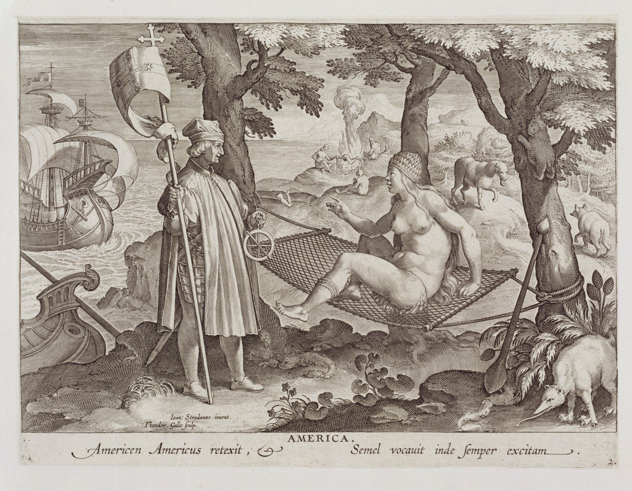 Columbus Discovering America, prato 2 de &39;Nova Reperta&39; (Novas Descobertas) gravado por Theodor Galle (1571-1633) c.1600 de Jan van der Straet