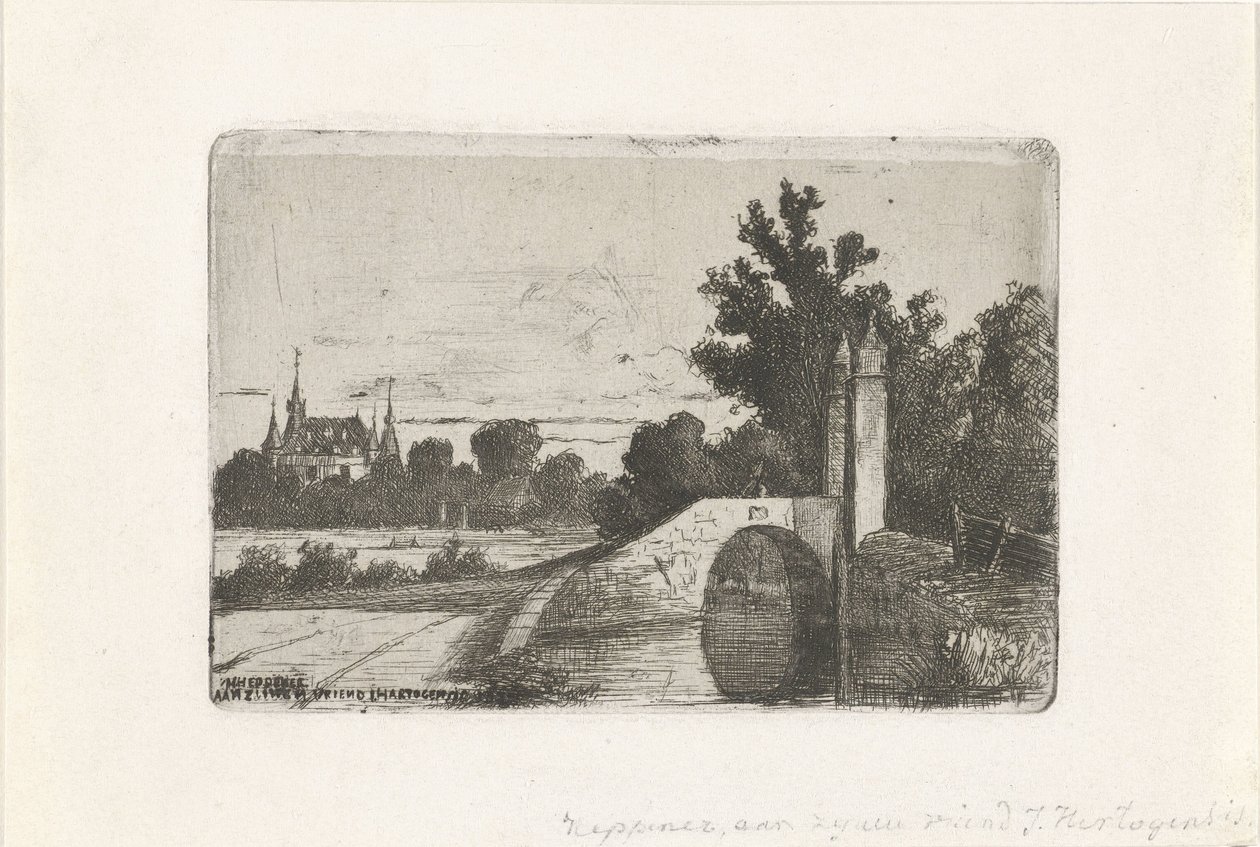 Paisagem com ponte de pedra e castelo de Jan Heppener
