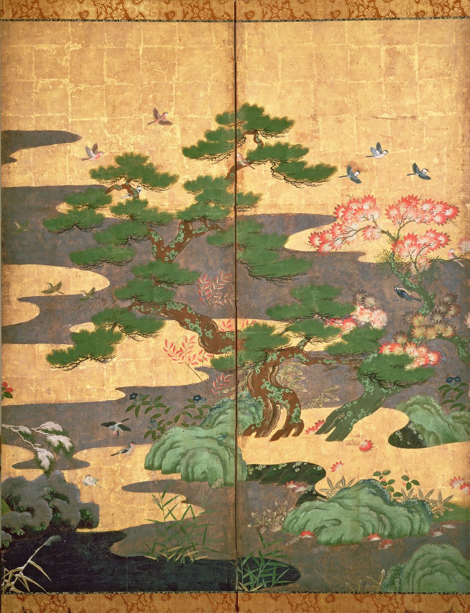 Aves com flores de outono e inverno (caneta e tinta, papel colorido e dourado no painel) (ver 216542, 216544, 216545) de Japanese School
