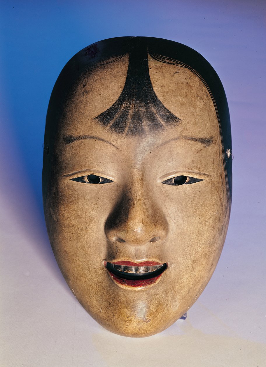 Noh máscara de teatro de um menino chamado Kasshiki, do século 15 ao 19 (madeira laqueada) de Japanese School