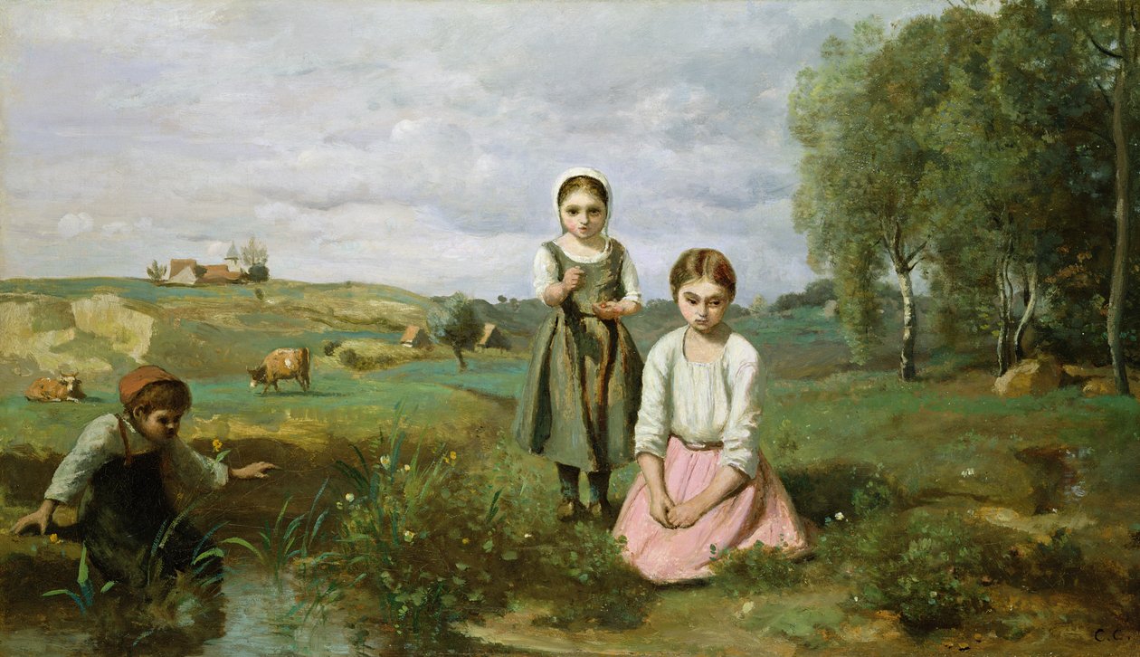 Crianças ao lado de um riacho no campo, Lormes de Jean Baptiste Camille Corot