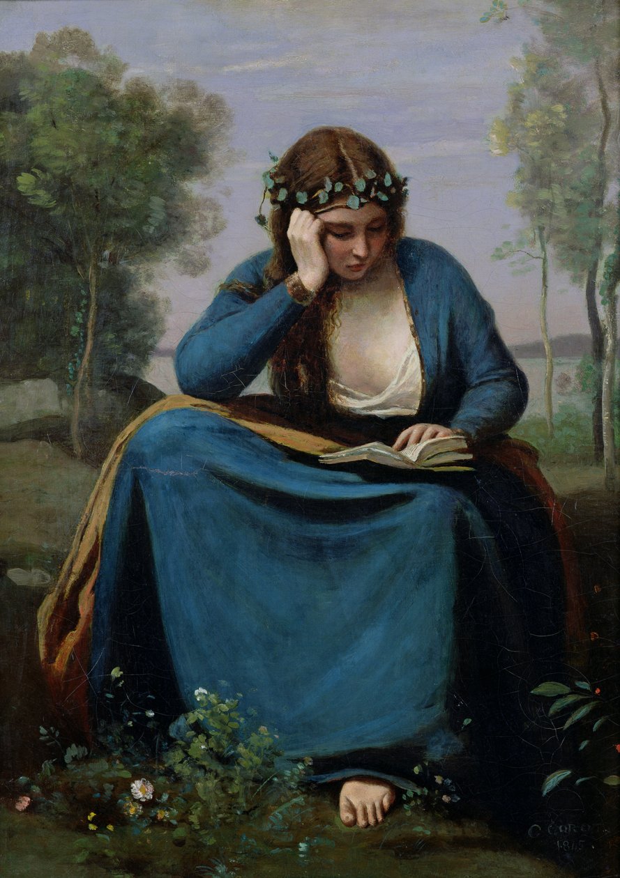 O leitor coroado com flores, ou musa de Virgil, 1845 de Jean Baptiste Camille Corot
