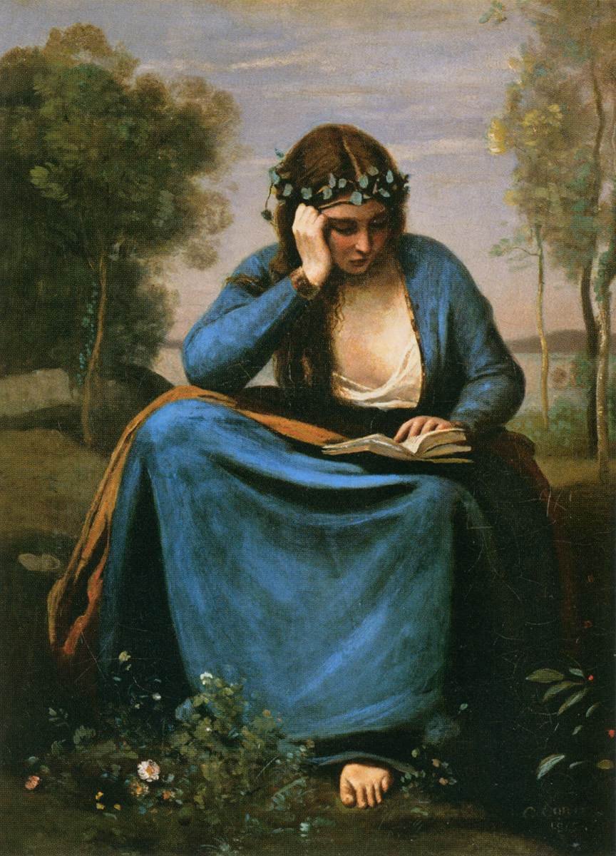 O Leitor Envolto Com Flores de Jean Baptiste Camille Corot