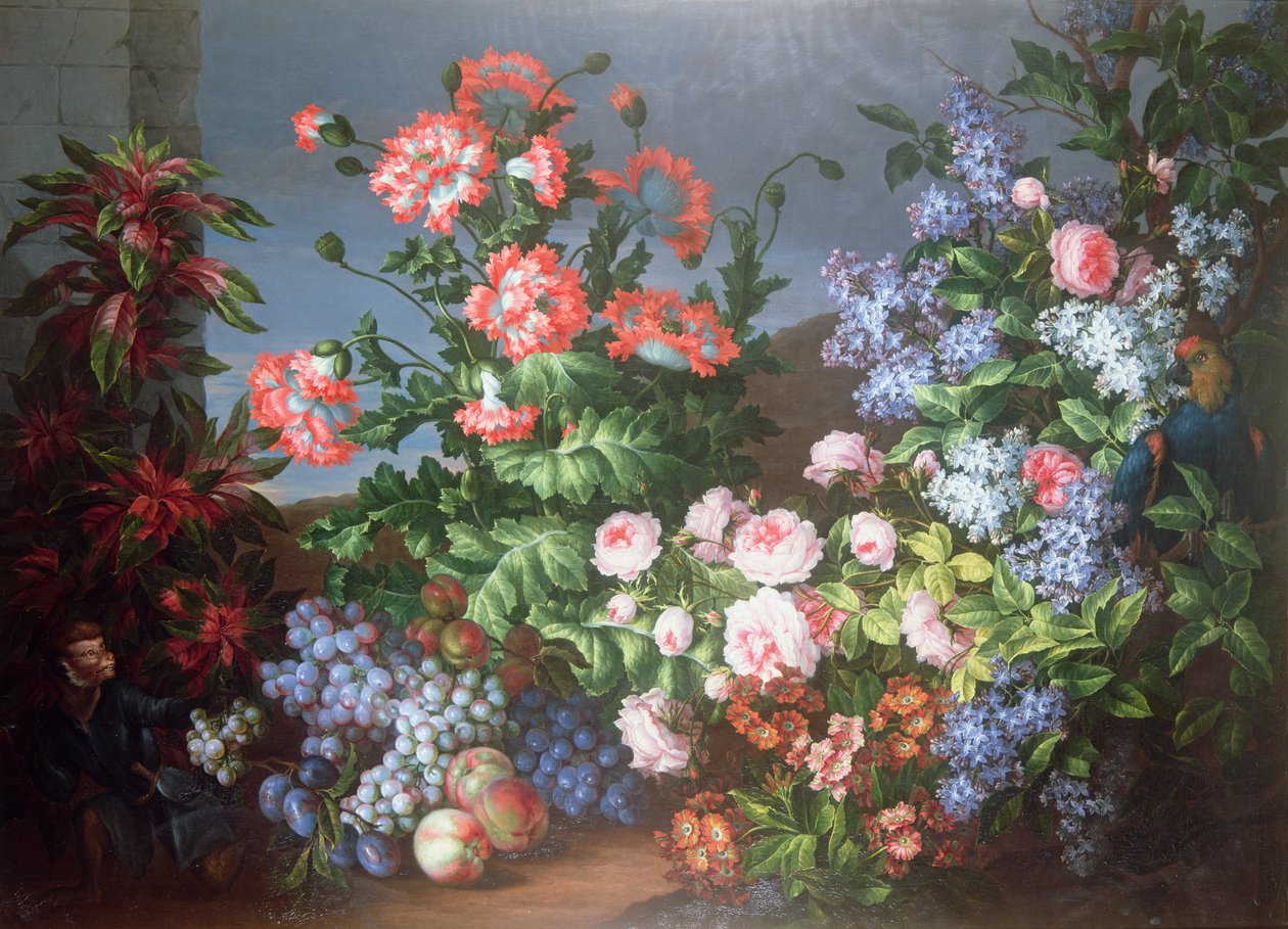 Flores, frutas com um macaco e um papagaio de Jean Baptiste Monnoyer