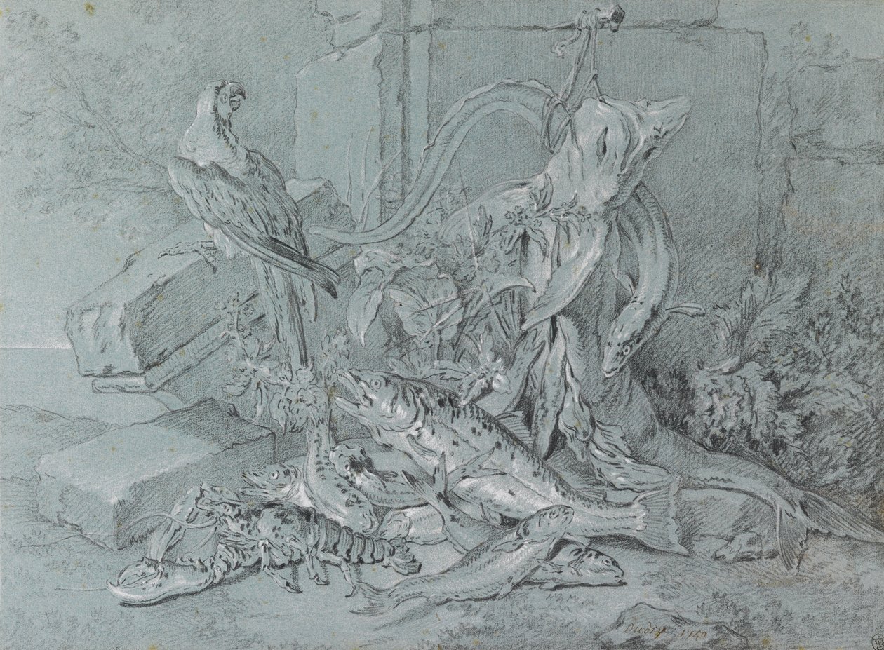 Ainda-vida com peixe e papagaio de Jean Baptiste Oudry