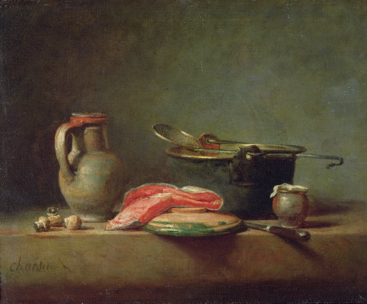 Caldeirão de cobre com um jarro e uma fatia de salmão (óleo) de Jean Baptiste Simeon Chardin