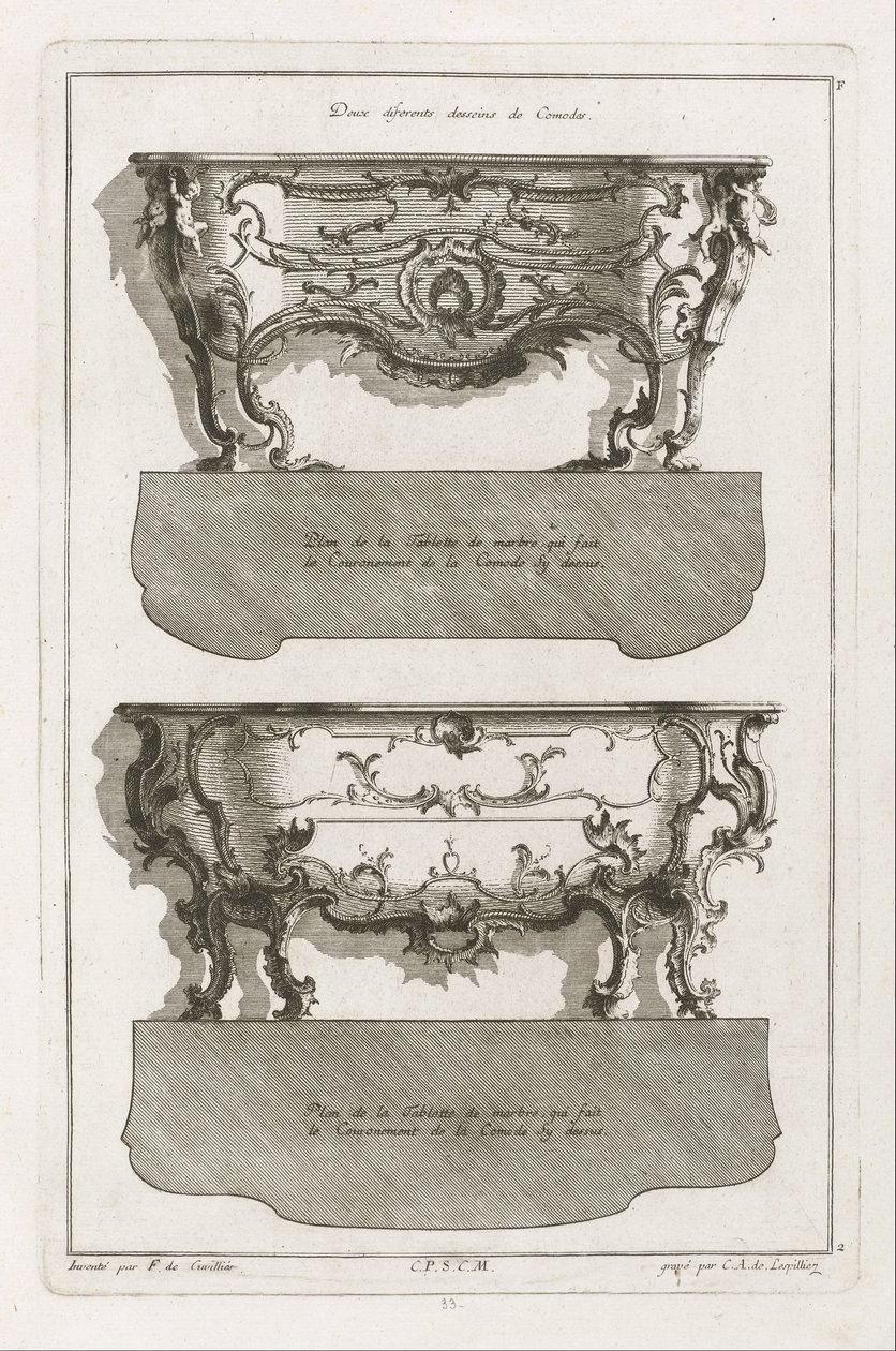 Dois designs diferentes de Comodos de Jean François Cuvilliés