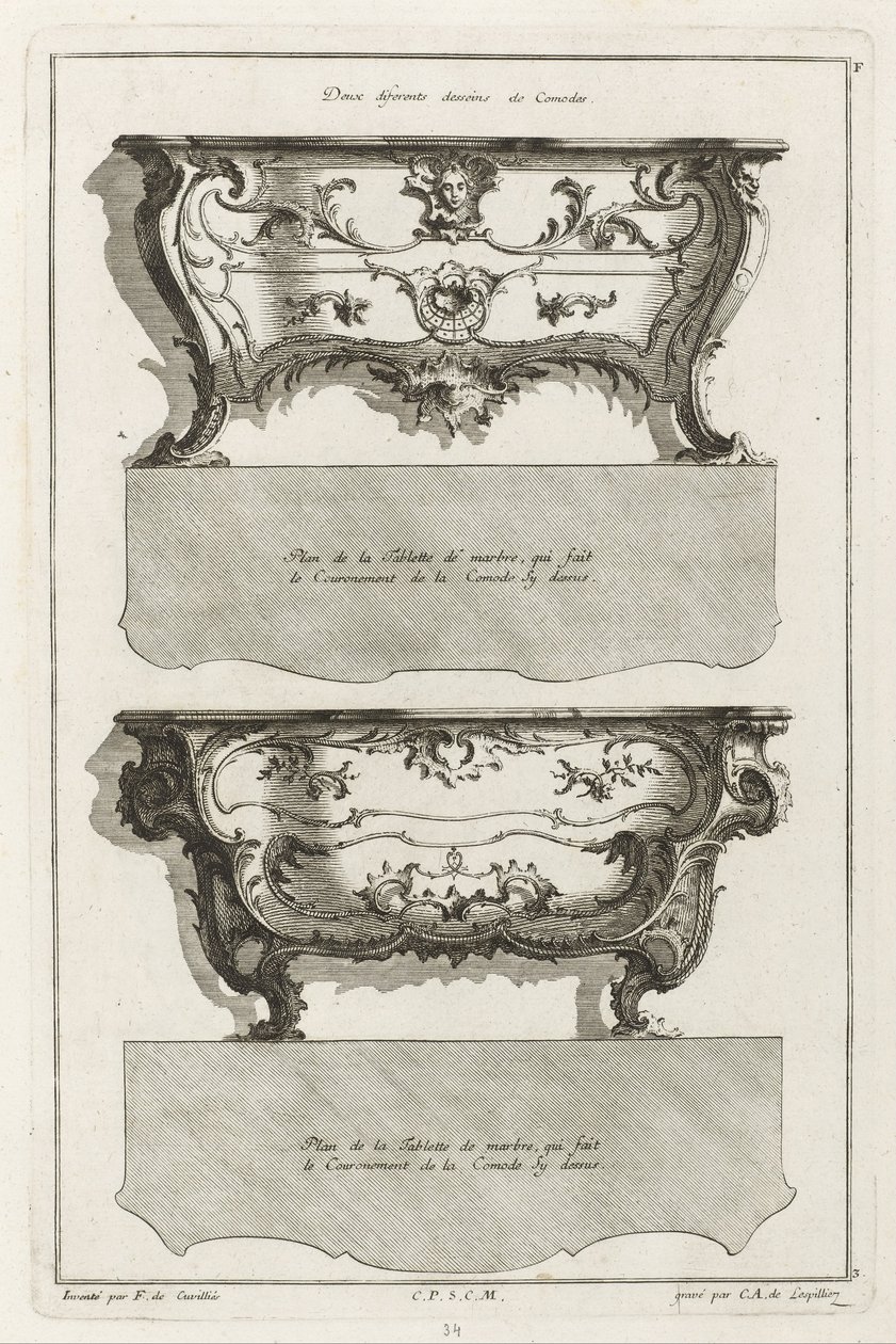 Dois designs diferentes de Comodos de Jean François Cuvilliés