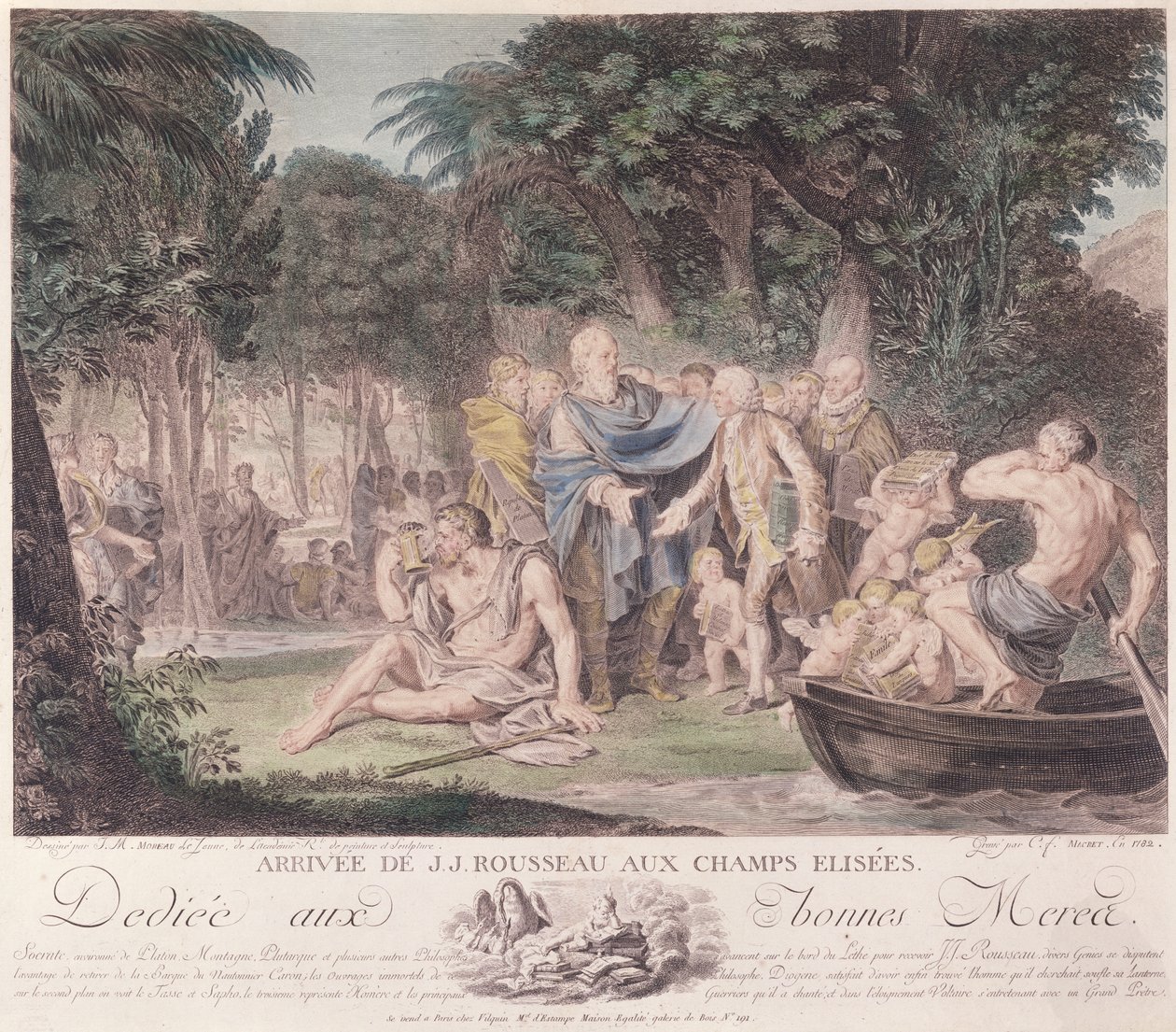 Chegada de Jean-Jacques Rousseau (1712-1778) nos Campos Elísios, 1782 (gravura a cores) de Jean Michel the Younger Moreau