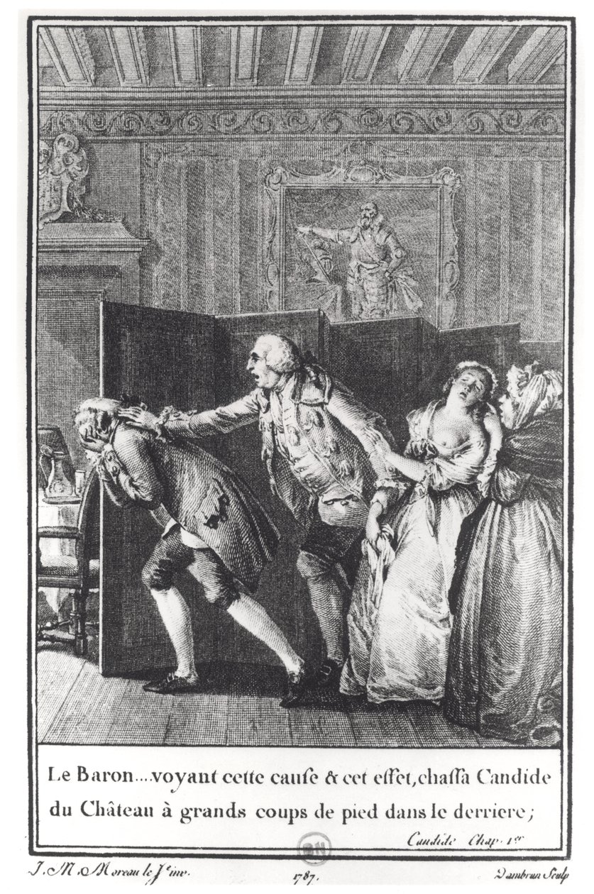 &39;O Barão ... perseguiu Cândido Castelo chutando nas costas&39;, ilustração do capítulo 1 de &39;Cândido&39; de François Voltaire (1694-1778) gravado por Jean Dambrun (1741-p. 1808) 1787 (e de Jean Michel the Younger Moreau