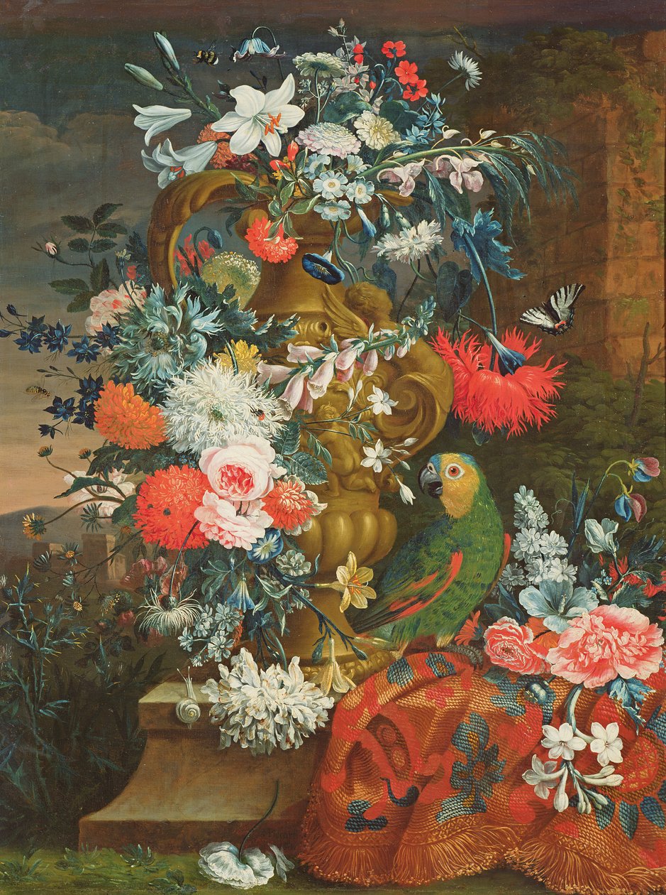 Buquê de flores e um papagaio de Jean Picart