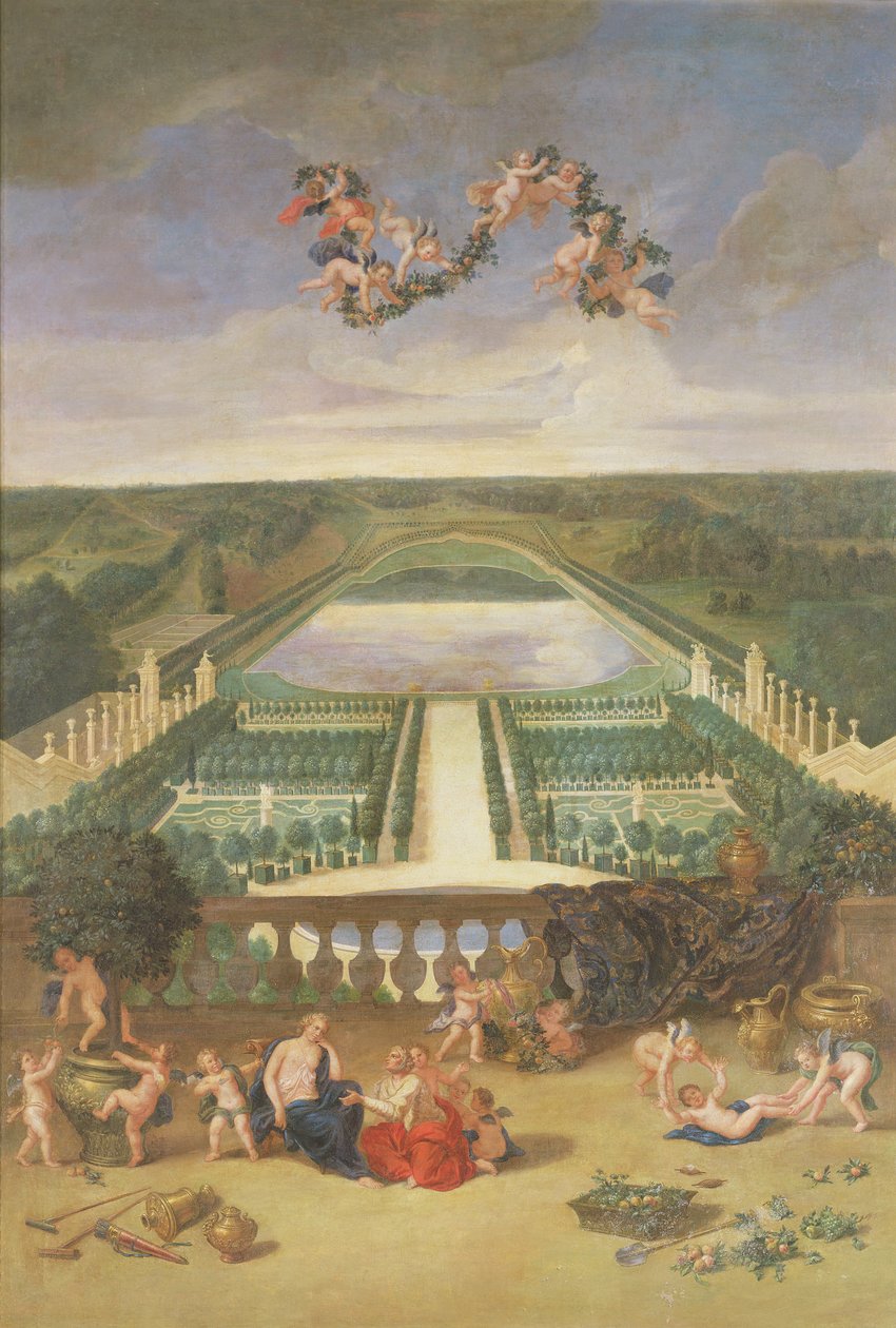 Vista da Orangerie em Versalhes, da Piece d&39;Eau des Suisses e da Horta do Rei com Vertumnus e Pomona, 1688 de Jean the Younger Cotelle