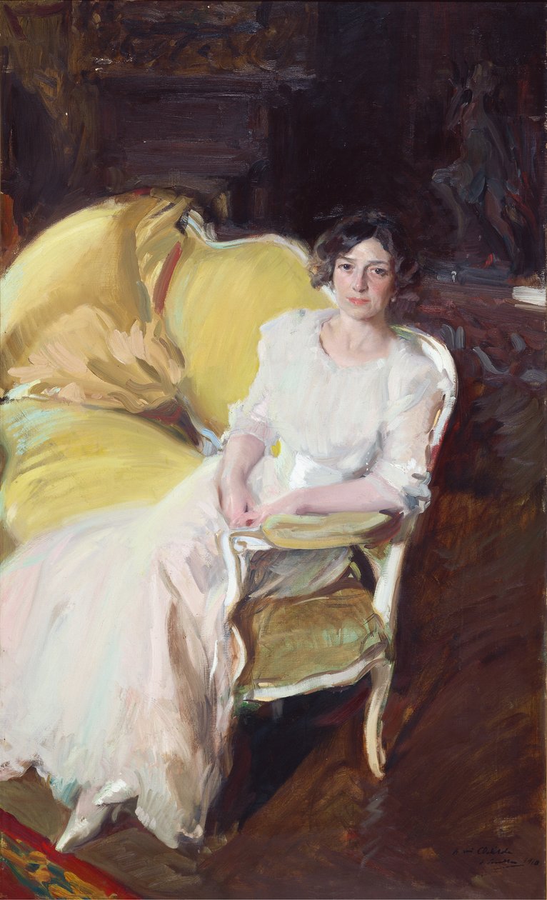 Clotilde sentado em um sofá, 1910. de Joaquín Sorolla