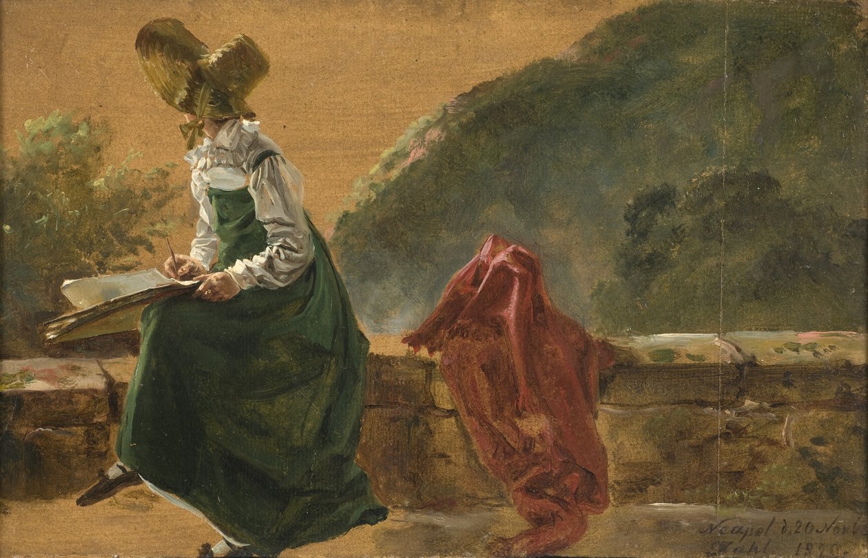 Princesa Caroline Amalie Desenhando em Nápoles. Estudo, 1820 (óleo sobre papel montado a bordo) de Johan Christian Dahl