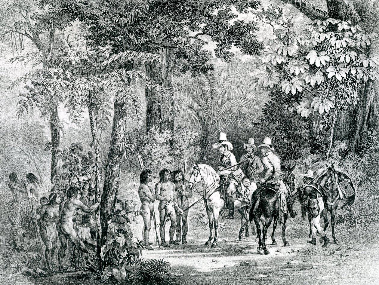 Encontro dos índios com os exploradores europeus da &39;Viagem Pitoresca ao Brasil&39;, 1827-35 de Johann Moritz Rugendas