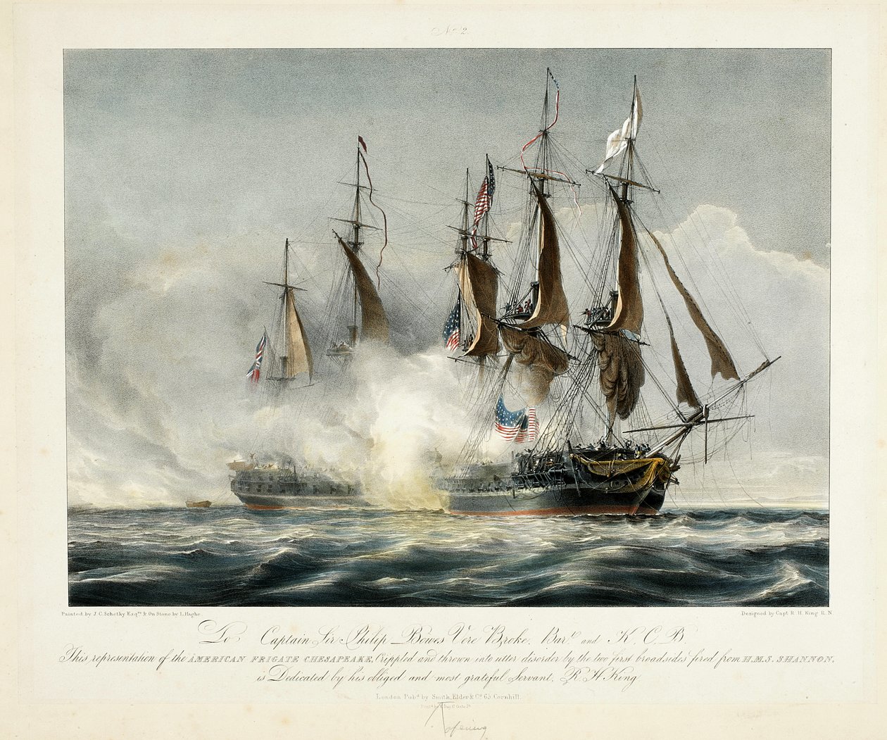 Esta representação da fragata americana Chesapeake, aleijada e jogada em desordem absoluta pelos dois primeiros broadsides disparados de HMS Shannon ...., sem data de John Christian Schetky